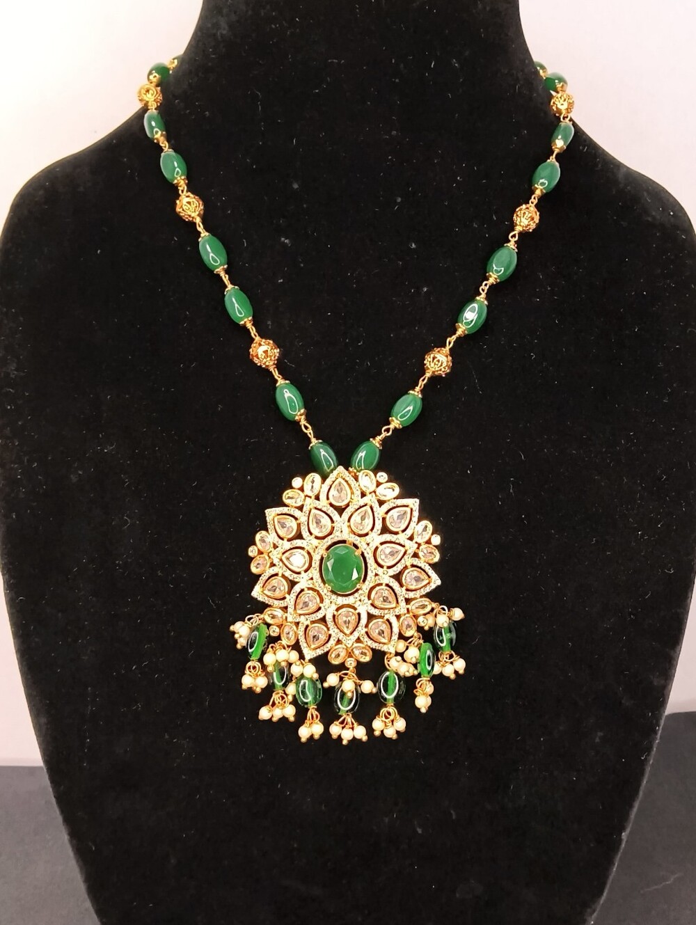 Gold-Tone Crystal Mandala Pendant Necklace with Green Beads - Women Jewelry